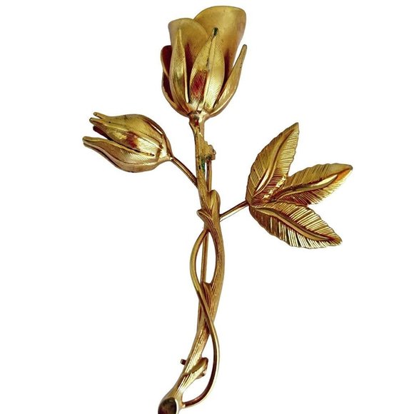 Goldtone Pin Brooch Single Long Stem Rose and Bud 2 5/8" - Picture 4 of 6
